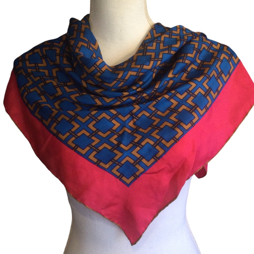 Talbots Geometric Blue, Brown & Pink Silk Scarf
